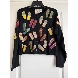 Michael Simon Lite Cardigan Women's Black Flip Flop Embroidered Cotton Size M